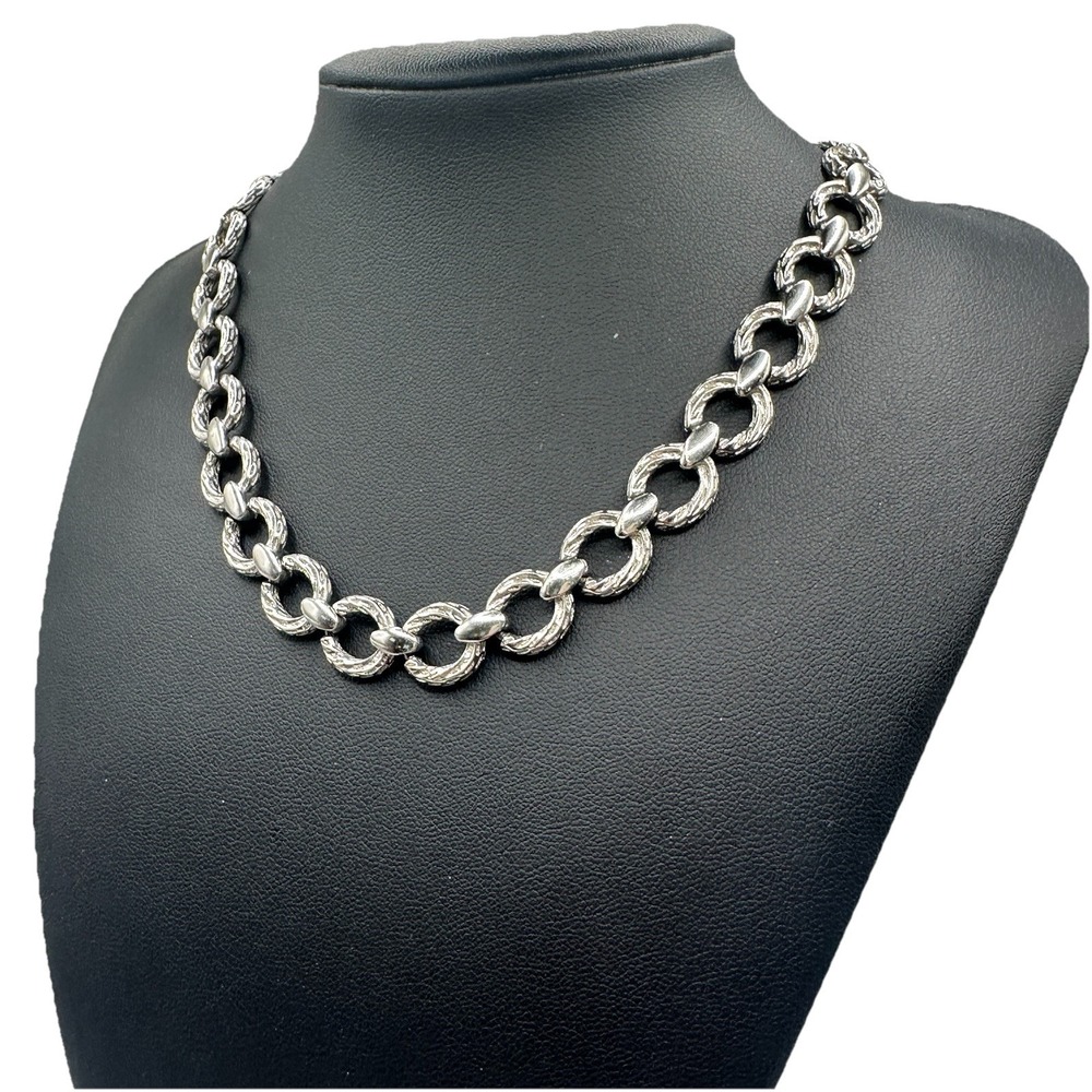 Vintage Crown Trifari Necklace Silver Tone Link Choker Textured Signed 13-15"